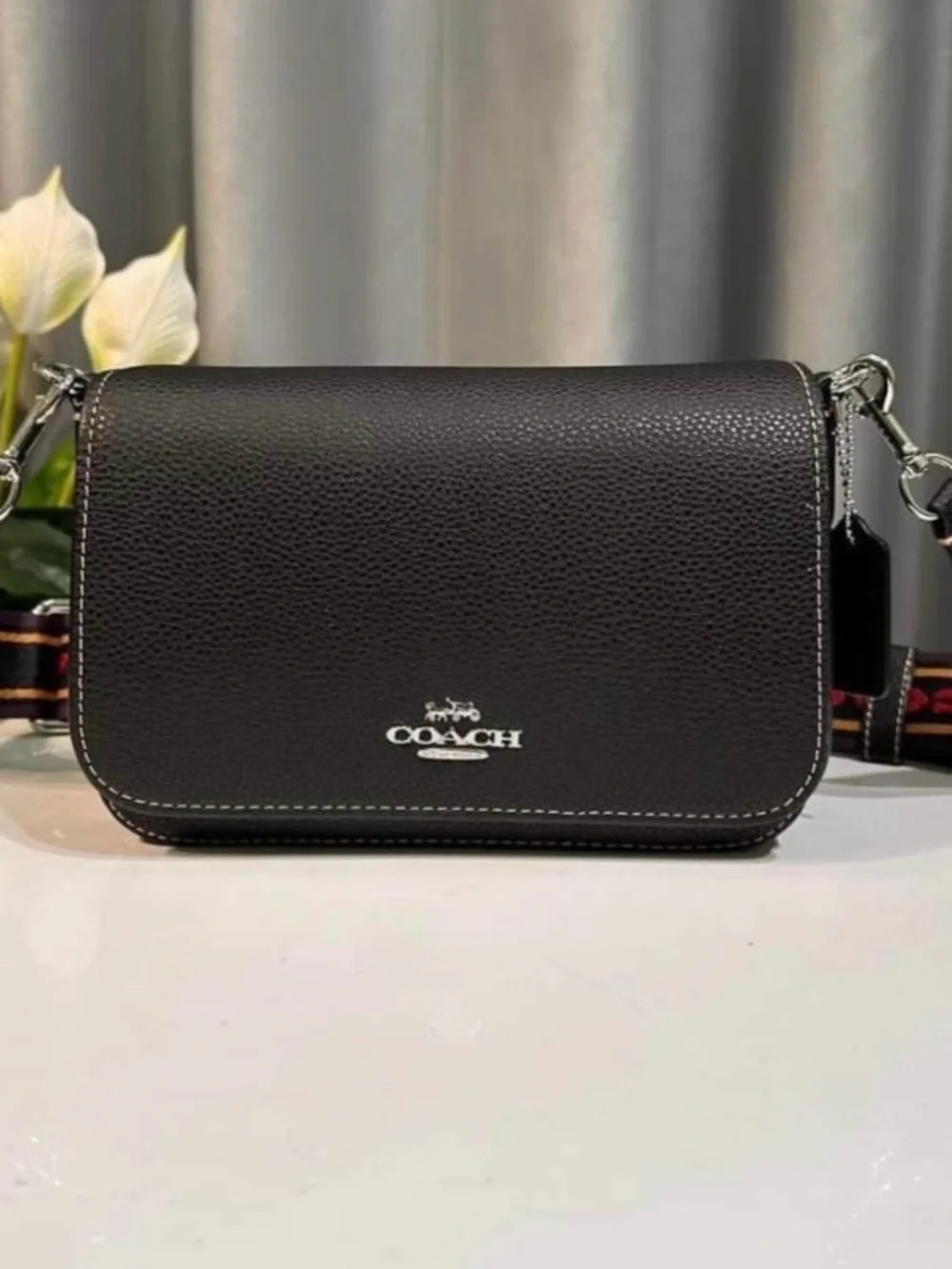 Coach Black Leather Messenger Bag with Branded Strap